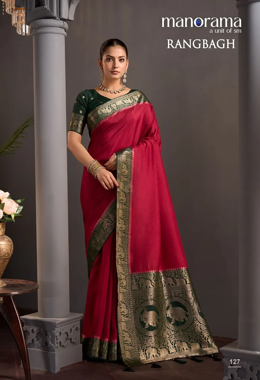 Manorama Rangbagh Premium Viscose Chaap Dyeing Saree with Zari Border — Singles, Vardan Ethnic wholesale from Surat — Photo 3