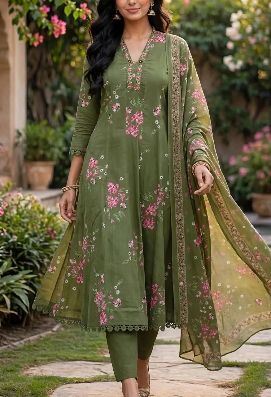 Cotton Discharge Print Anarkali Suit Set with Dupatta Set — Wholesale Kurtis, Vardan Ethnic wholesale from Surat — Photo 2