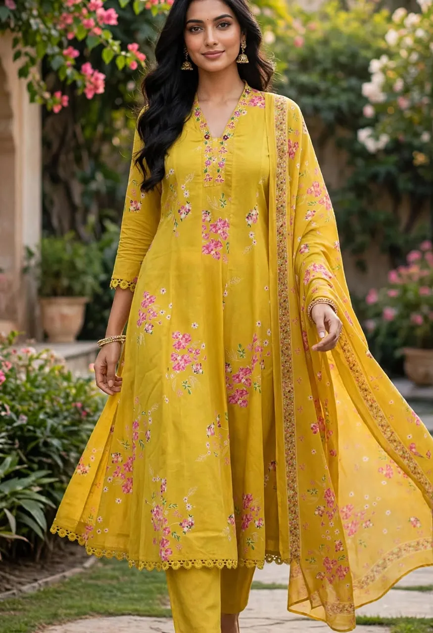 Cotton Discharge Print Anarkali Suit Set with Dupatta Set — Wholesale Kurtis, Vardan Ethnic wholesale from Surat — Photo 4