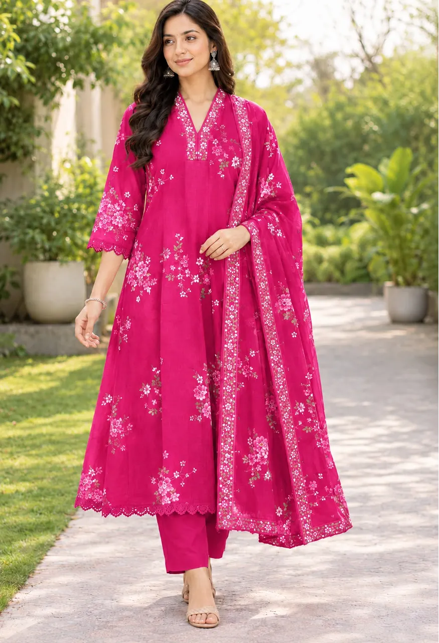 Cotton Discharge Print Anarkali Suit Set with Dupatta Set — Wholesale Kurtis, Vardan Ethnic wholesale from Surat — Photo 5