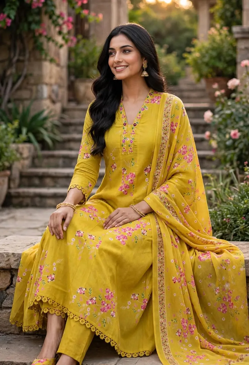 Cotton Discharge Print Anarkali Suit Set with Dupatta Set — Wholesale Kurtis, Vardan Ethnic wholesale from Surat — Photo 6