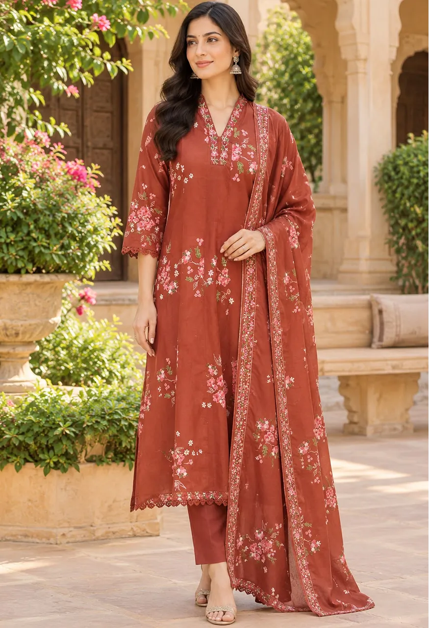 Cotton Discharge Print Anarkali Suit Set with Dupatta Set — Wholesale Kurtis, Vardan Ethnic wholesale from Surat — Photo 7