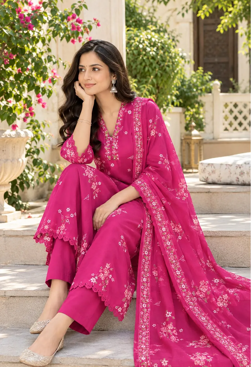 Cotton Discharge Print Anarkali Suit Set with Dupatta Set
