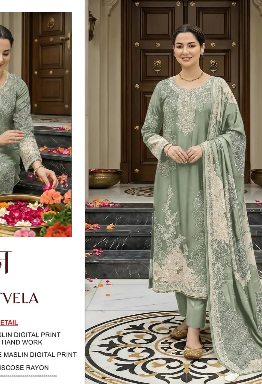 T-210 New Colour Designer Maslin Suit with Aari & Hand Work — Wholesale Pakistani Suits wholesale from Surat — Photo 6
