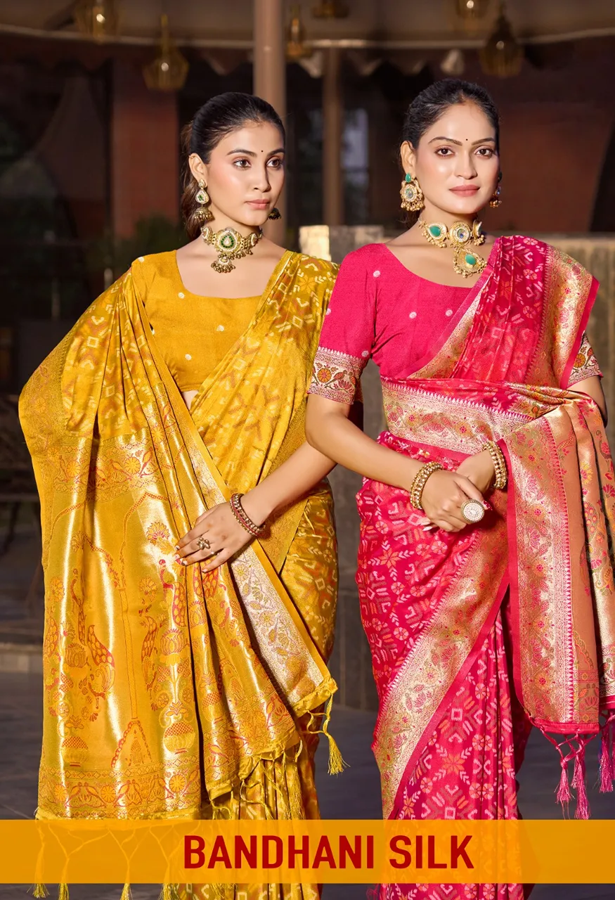 Bunawat Bandhani Silk Saree with Zari Weaving &amp; Golden Border Pallu — Singles, Vardan Ethnic wholesale from Surat — view 8