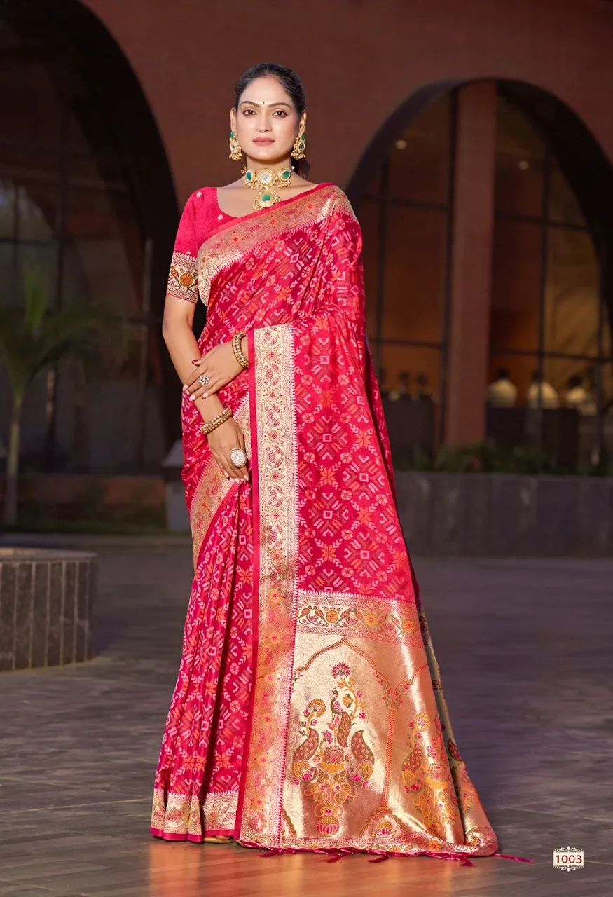Bunawat Bandhani Silk Saree with Zari Weaving &amp; Golden Border Pallu — Singles, Vardan Ethnic wholesale from Surat — view 5