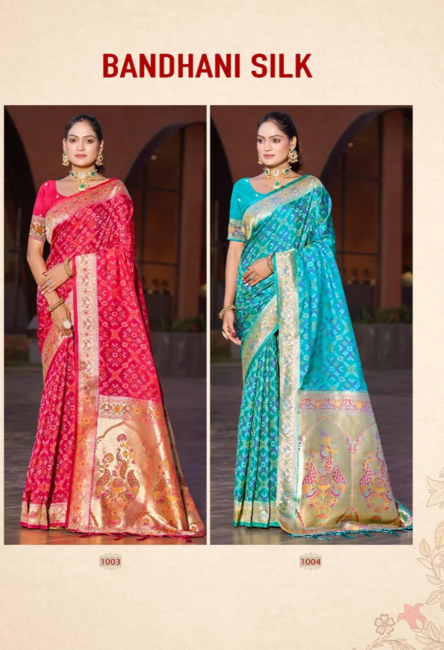 Bunawat Bandhani Silk Saree with Zari Weaving &amp; Golden Border Pallu — Singles, Vardan Ethnic wholesale from Surat — view 7