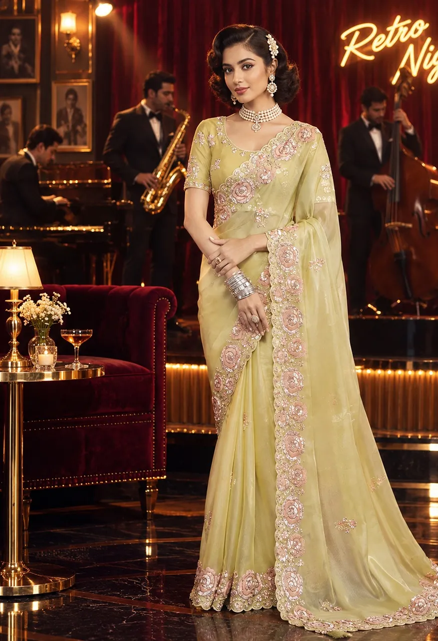 Retro Time Fancy Tissue Organza Saree with Sequin Embroidery Stone Work
