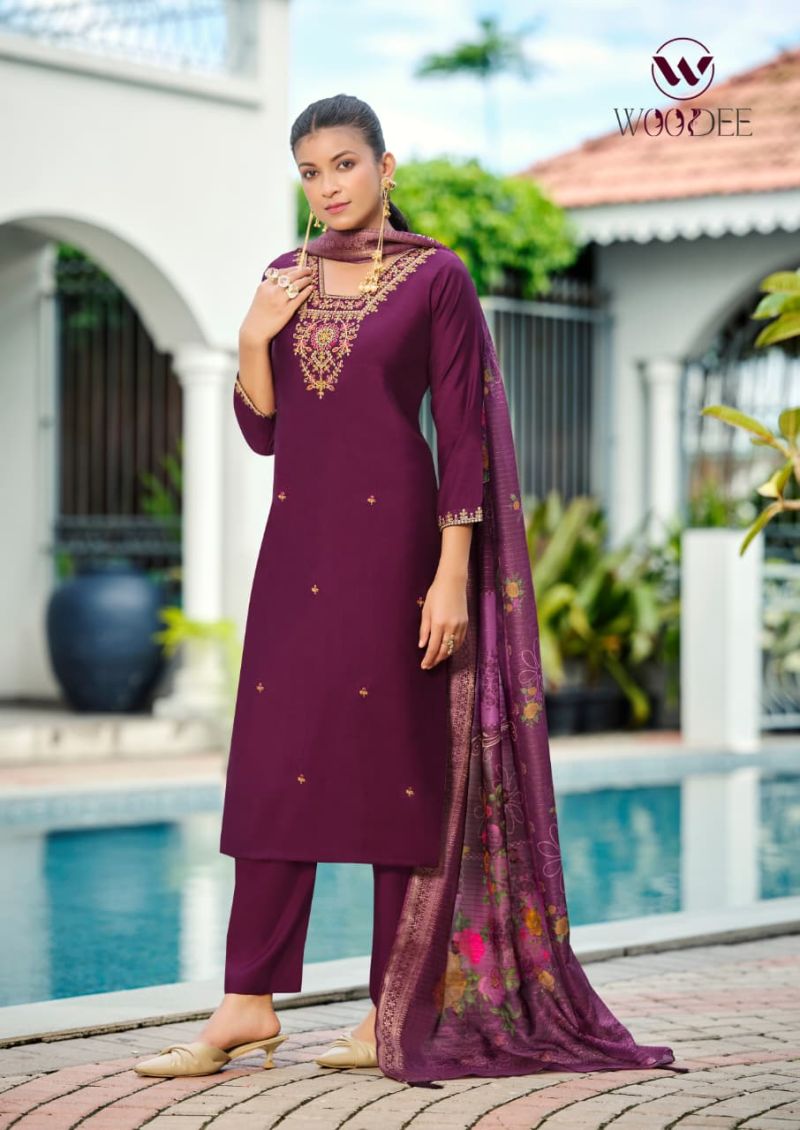 Woodee Devika Viscose Roman Thread Work Kurti Set with Bottom & Dupatta — Wholesale Kurtis, Woodee wholesale from Surat — Photo 5