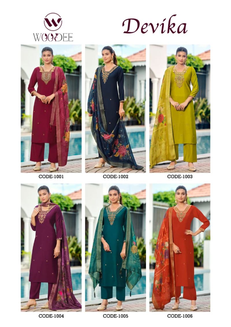 Woodee Devika Viscose Roman Thread Work Kurti Set with Bottom & Dupatta — Wholesale Kurtis, Woodee wholesale from Surat — Photo 8
