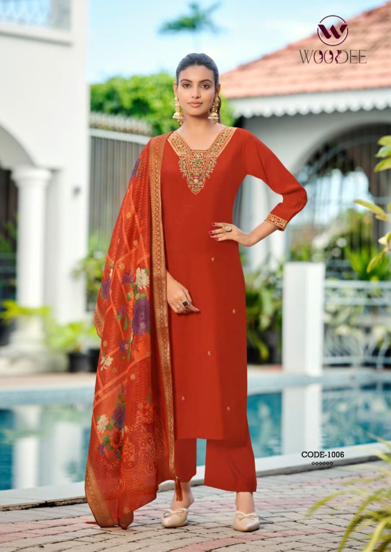 Woodee Devika Viscose Roman Thread Work Kurti Set with Bottom & Dupatta — Wholesale Kurtis, Woodee wholesale from Surat — Photo 4