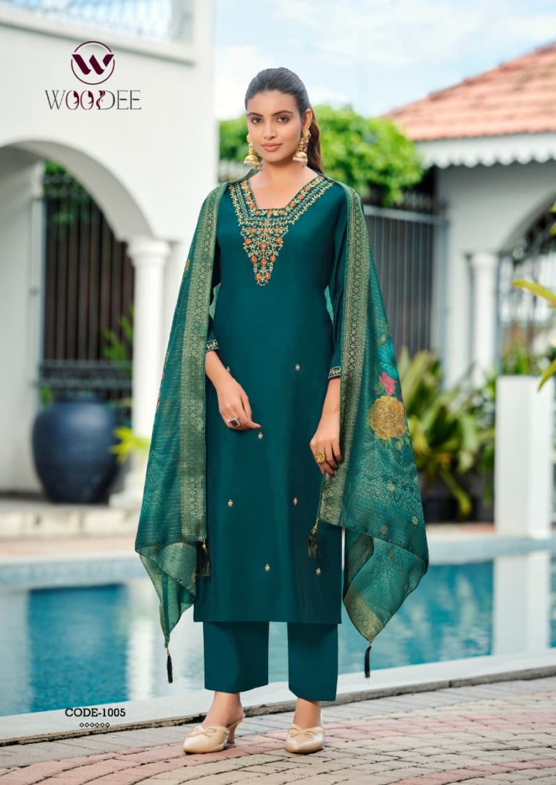 Woodee Devika Viscose Roman Thread Work Kurti Set with Bottom & Dupatta — Wholesale Kurtis, Woodee wholesale from Surat — Photo 3