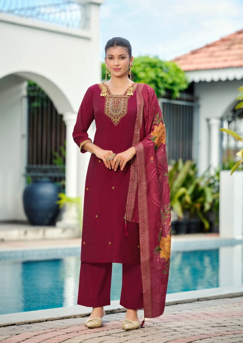 Woodee Devika Viscose Roman Thread Work Kurti Set with Bottom & Dupatta — Wholesale Kurtis, Woodee wholesale from Surat — Photo 2