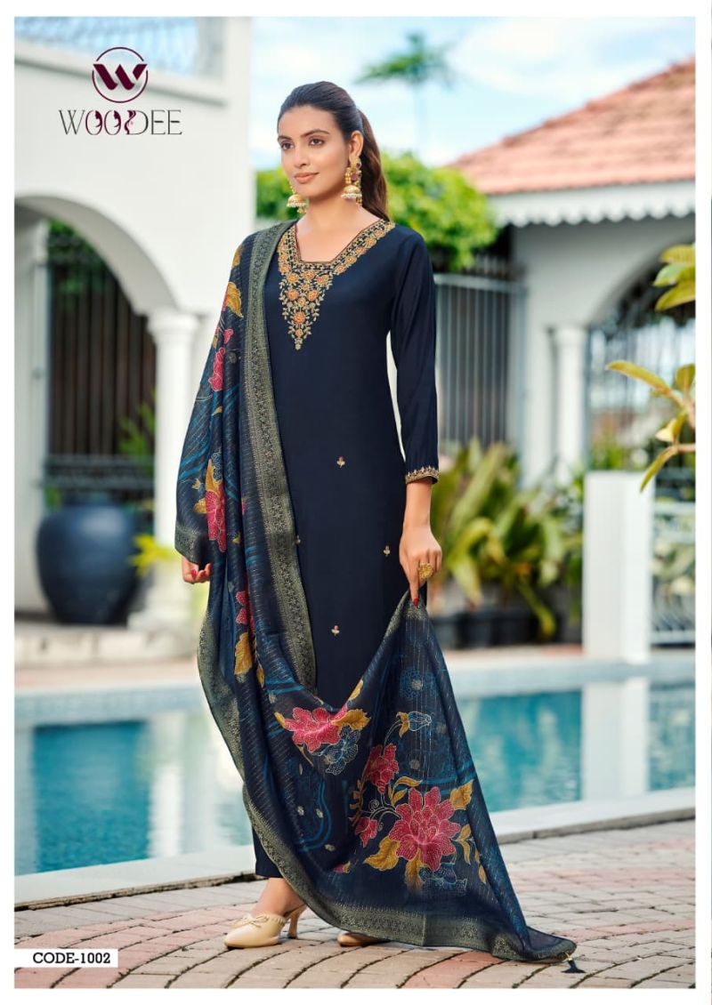 Woodee Devika Viscose Roman Thread Work Kurti Set with Bottom & Dupatta — Wholesale Kurtis, Woodee wholesale from Surat — Photo 7