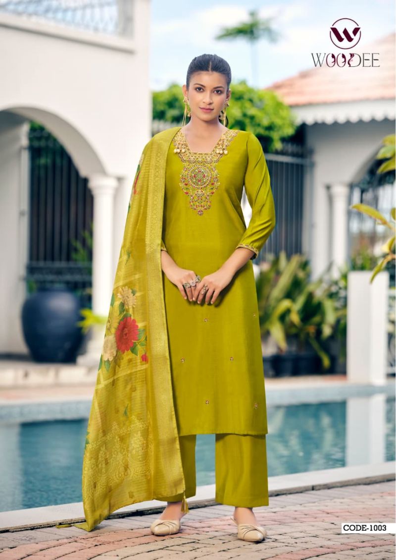 Woodee Devika Viscose Roman Thread Work Kurti Set with Bottom & Dupatta — Wholesale Kurtis, Woodee wholesale from Surat — Photo 6