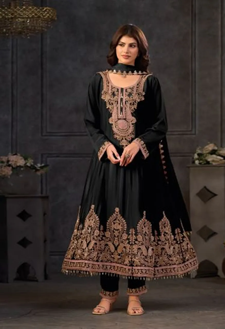 Your Choice Tibco Chinon Beats Work Designer Gown Pant Set with Dupatta — Wholesale Kurtis, Your Choice wholesale from Surat — view 3