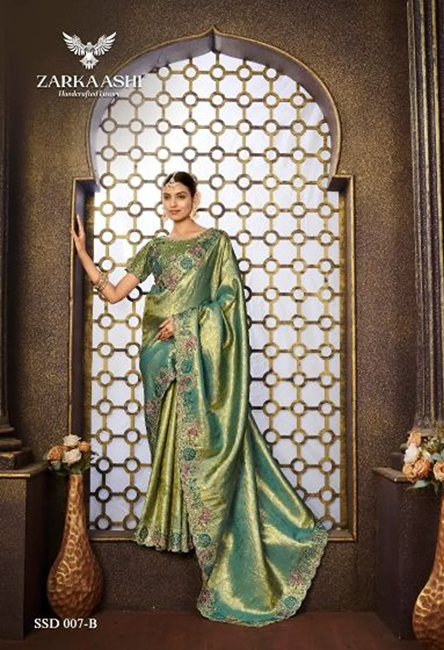Zarkaashi Srivali Readymade Blouse Tissue Silk Designer Saree Catalog