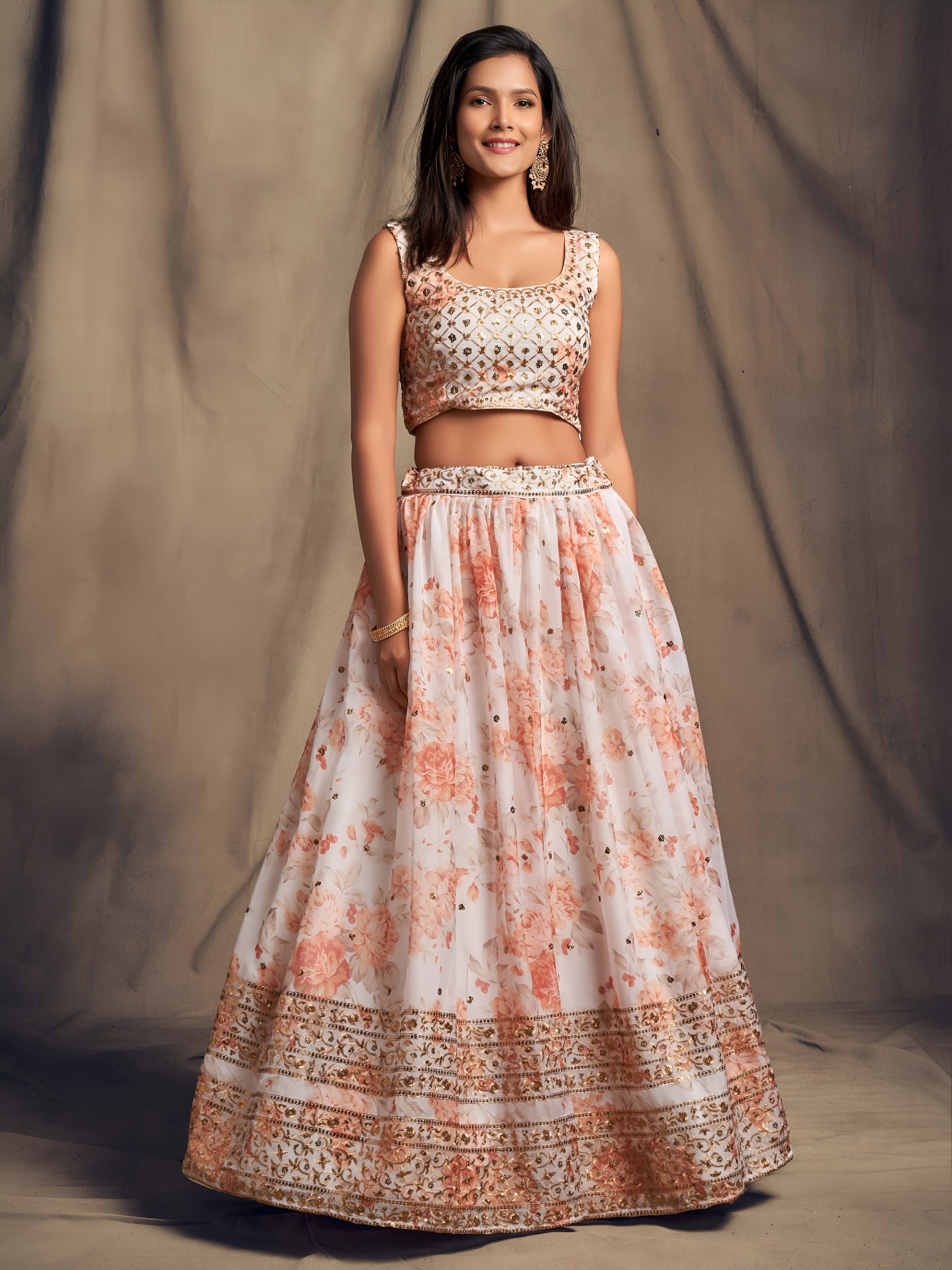 Zeel 7611 White & Peach Floral Printed Designer Lehenga Choli Catalog
