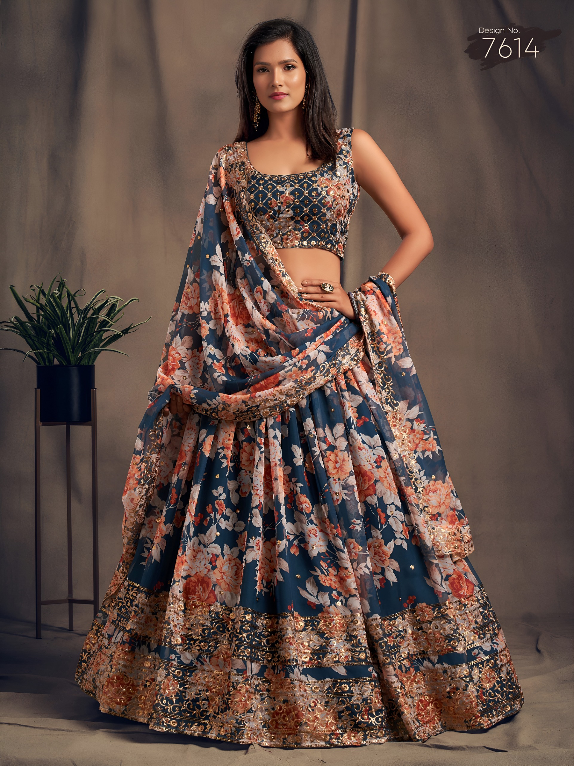 Zeel 7614 Dove Blue Floral Printed Designer Organza Lehenga Choli Catalog