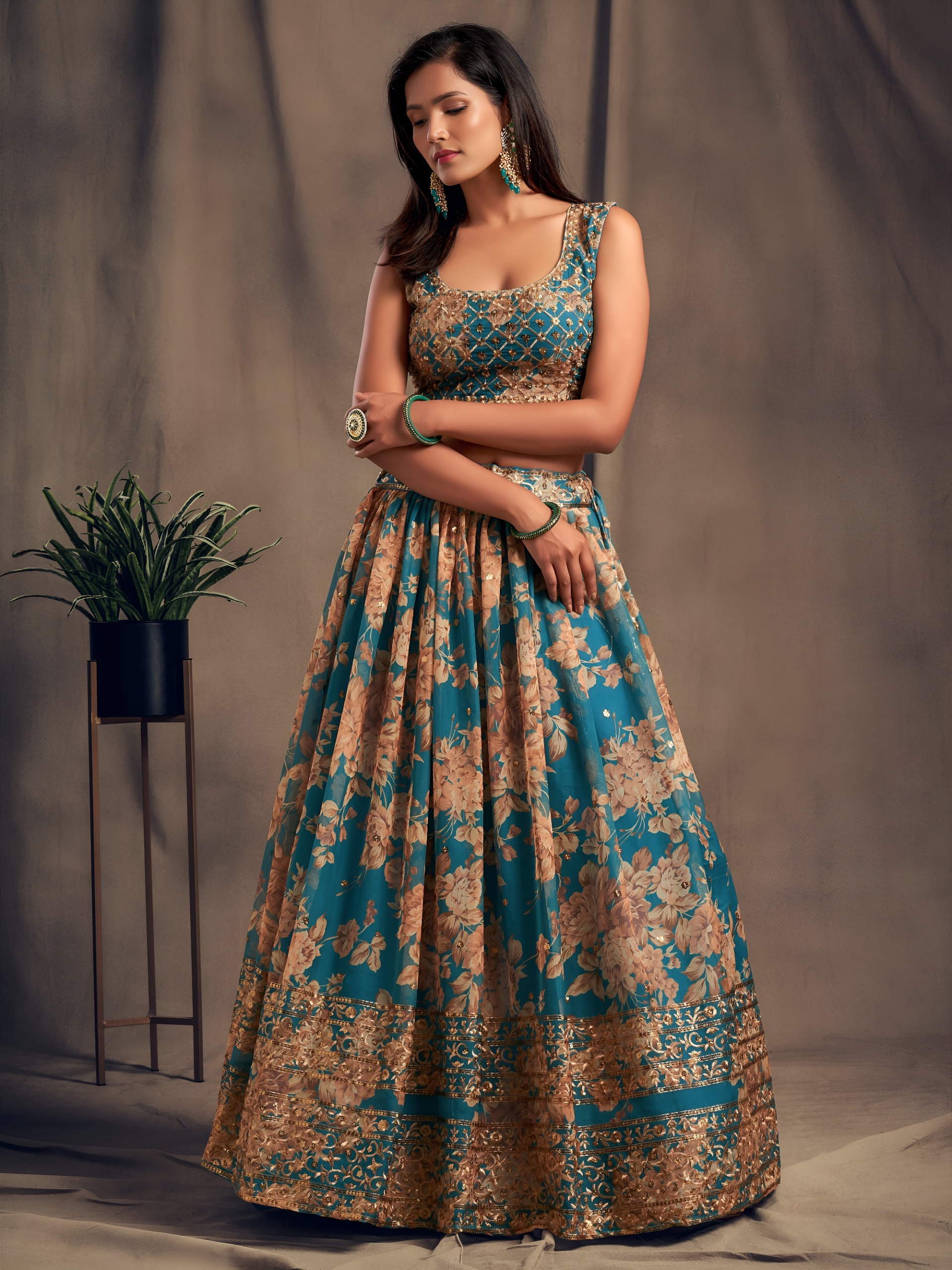 Zeel 7616 Teal Blue Floral Printed Designer Organza Lehenga Choli Catalog