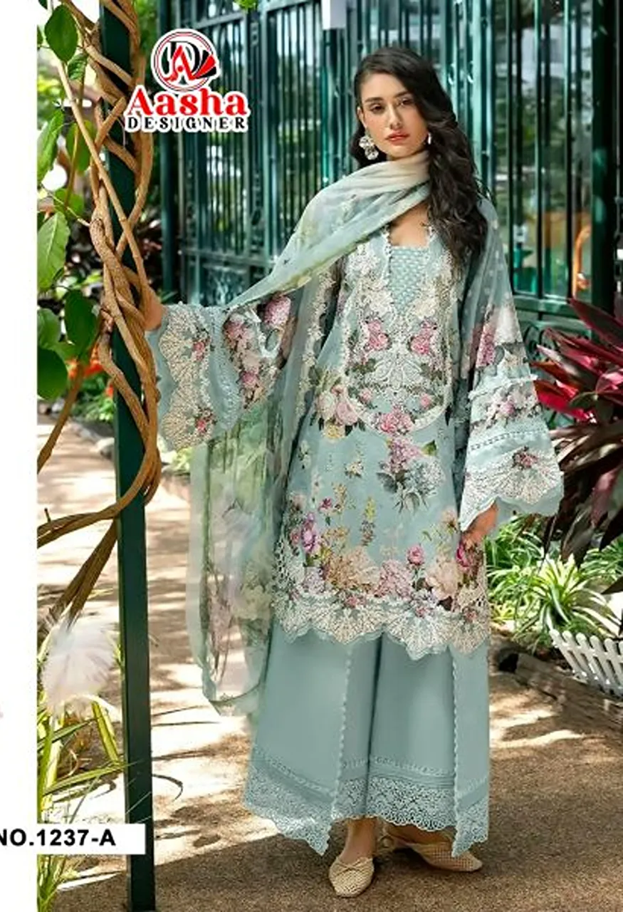 Aasha 1237 Lawn Dupatta Cotton Print Embroidered Pakistani Salwar Kameez — Wholesale Salwar Suits, Aasha Designer wholesale from Surat — Photo 2