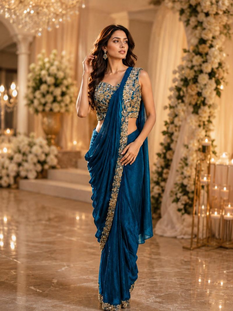 Amoha A 505 Fendy Satin Beads Work Ready To Wear Saree