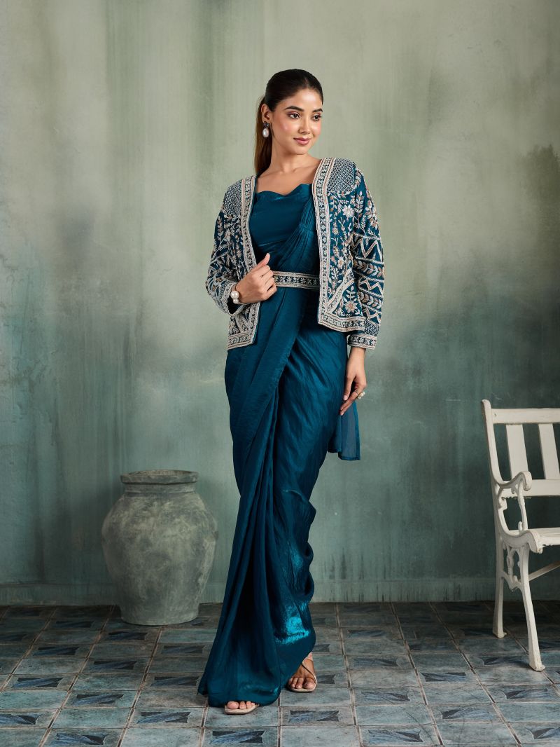Amoha A 525 Fendi Heavy Embroidered Ready To Wear Saree With Jacket — Wholesale Sarees, AMOHA wholesale from Surat — Photo 2