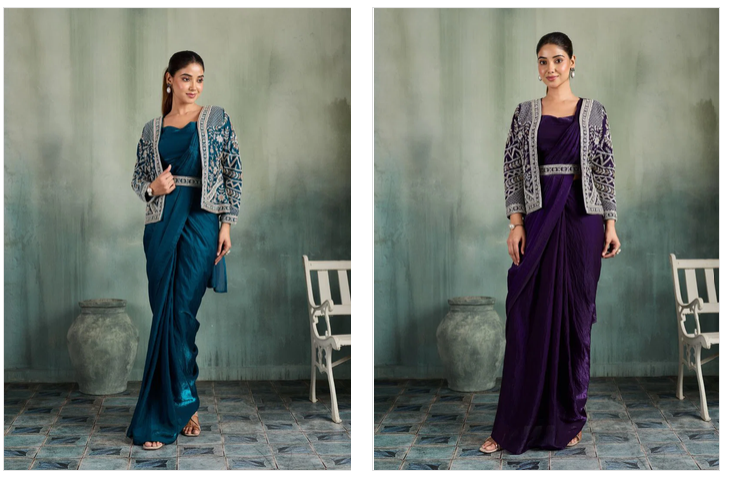 Amoha A 525 Fendi Heavy Embroidered Ready To Wear Saree With Jacket — Wholesale Sarees, AMOHA wholesale from Surat — Photo 3