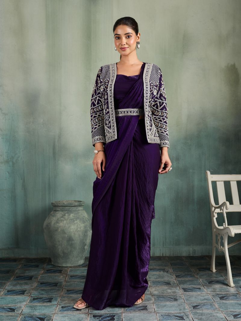 Amoha A 525 Fendi Heavy Embroidered Ready To Wear Saree With Jacket