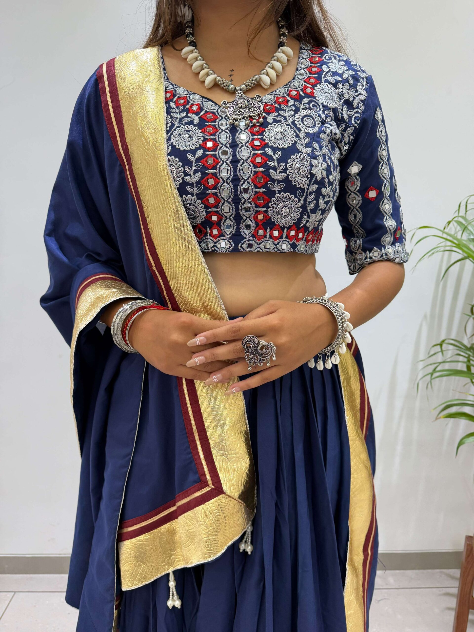 Be 507 Rayon Designer Embroidered Real Mirror Work Lahenga Choli Set — Singles, Vardan Ethnic wholesale from Surat — view 6