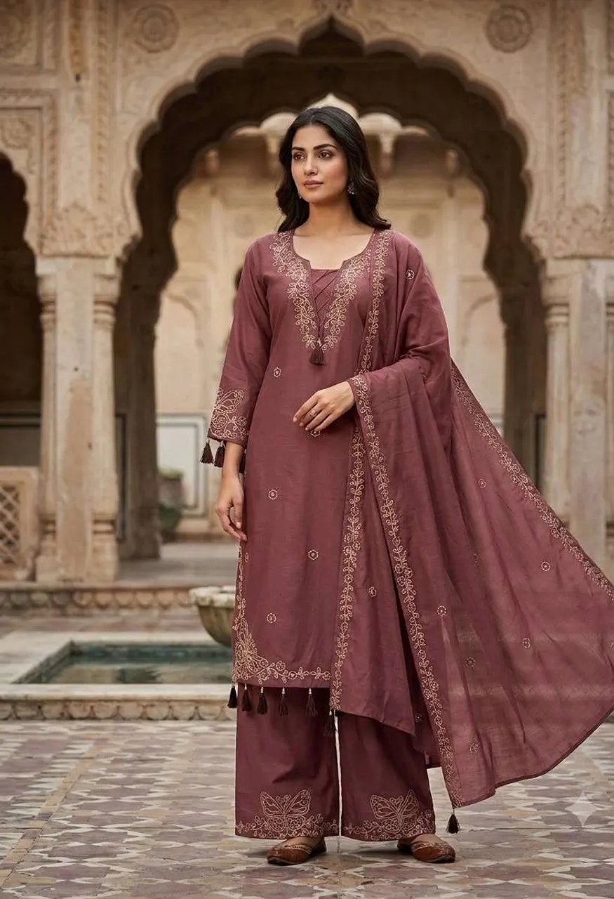 Be 513 Designer Mirror Embroidered Worked Top Pant With Dupatta Set