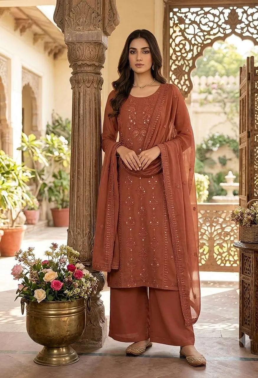 Be 519 Georgette Sequence Embroidery Work Top Plazzo And Dupatta Set
