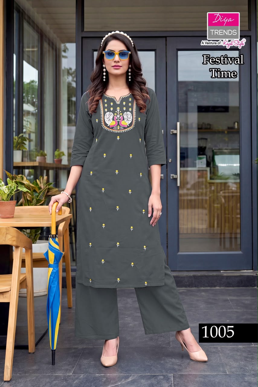 Diya Trendz Pure Cotton Embroidered Kurti Palazzo Set for Women — Wholesale Kurti Pant Set, Vardan Ethnic wholesale from Surat — Photo 2
