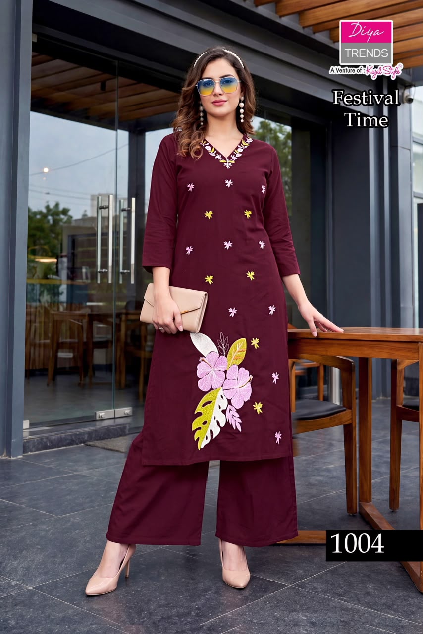 Diya Trendz Pure Cotton Embroidered Kurti Palazzo Set for Women — Wholesale Kurti Pant Set, Vardan Ethnic wholesale from Surat — Photo 3