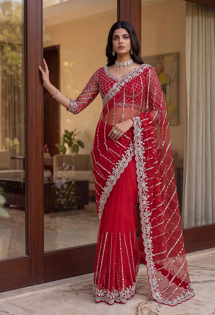 Dvd On5191 Designer Bidds Handwork Embroidered Net Saree