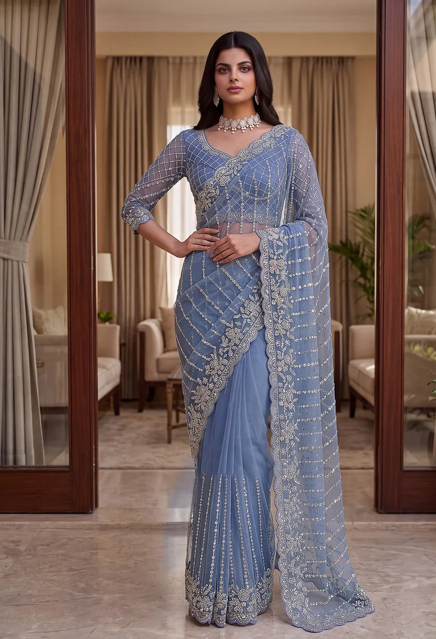Dvd On5191 Designer Bidds Handwork Embroidered Net Saree — Wholesale Sarees, Vardan Ethnic wholesale from Surat — Photo 3
