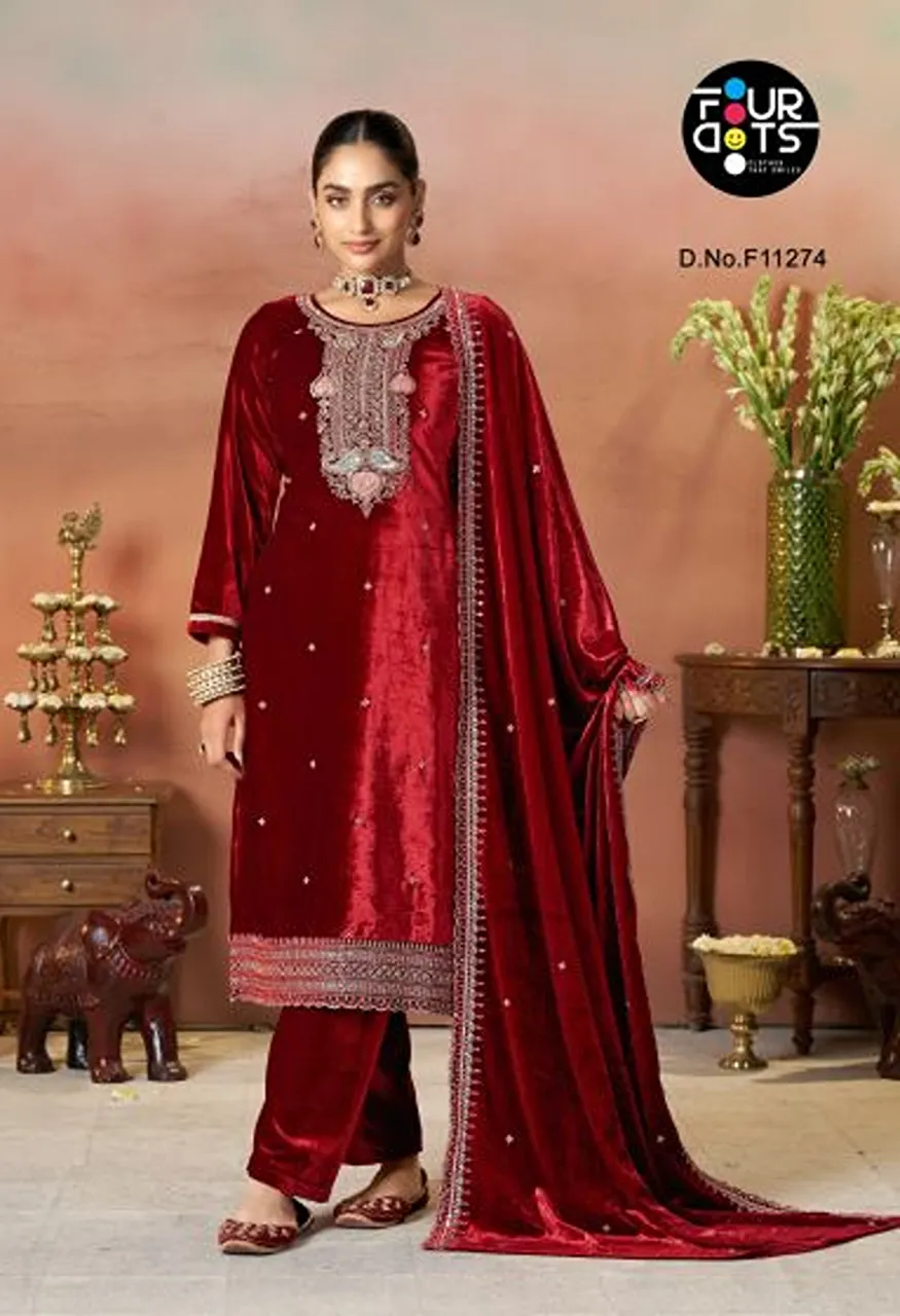 Four Dots Standard Pure Makhmal Velvet Heavy Beads Work Salwar Kameez — Wholesale Salwar Suits, Four Dots wholesale from Surat — Photo 4