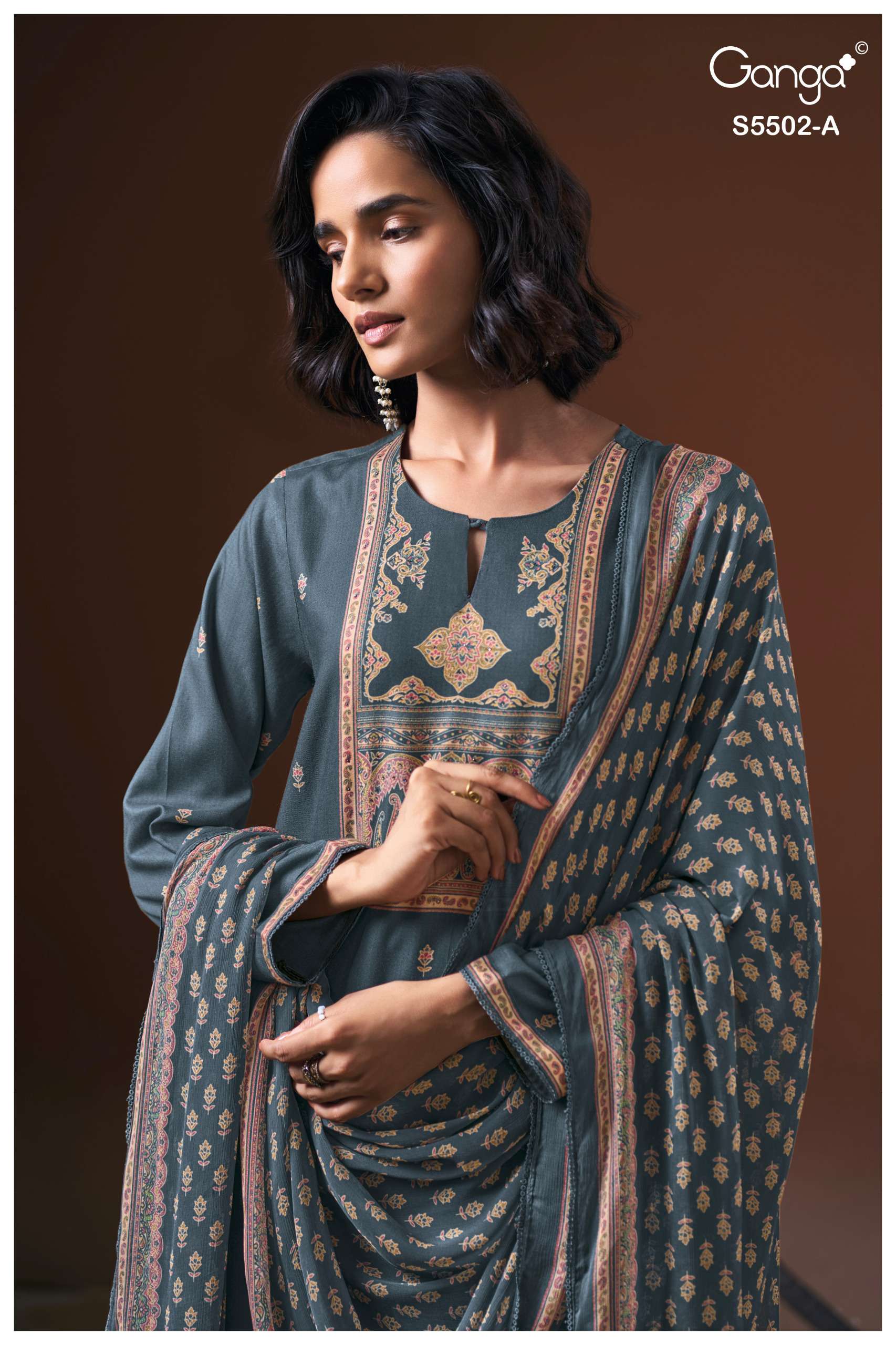 Ganga Gaeva 5502 Pure Wool Pashmina Suit with Swarovski Work and Chiffon Dupatta
