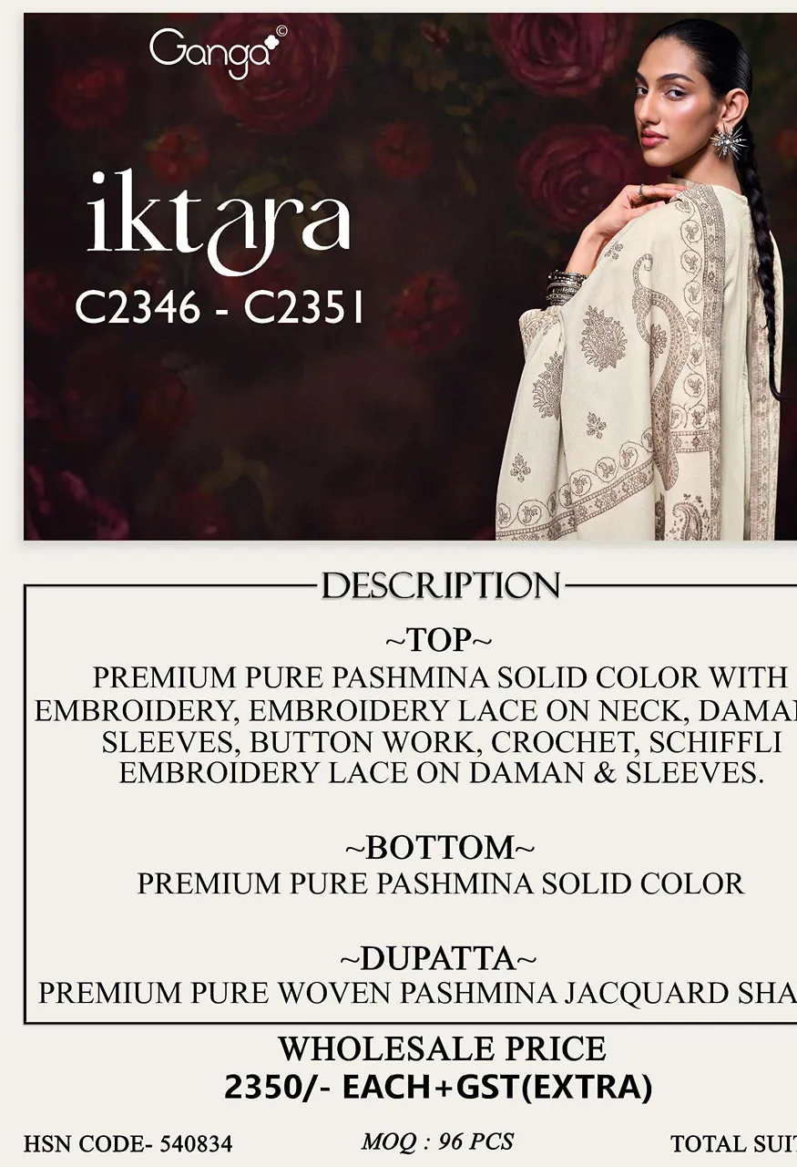 Ganga Iktara Pashmina Embroidery Designer Work Traditional Wear Suit — Wholesale Dress Material, Vardan Ethnic wholesale from Surat — view 12