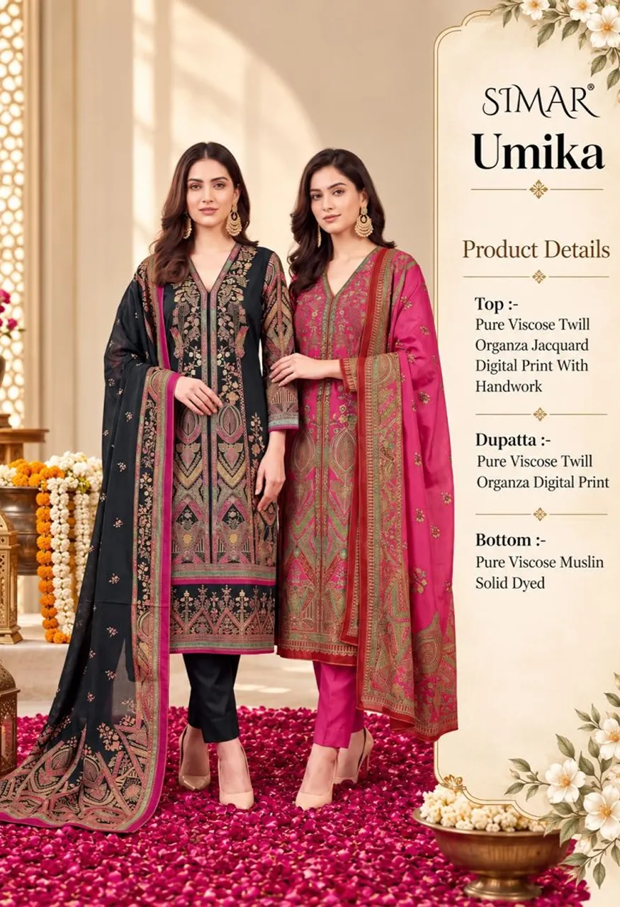 Glossy Simar Umika Viscose Twill Organza Digital Print Handwork Salwar Kameez Wholesale — Wholesale Salwar Suits, Glossy wholesale from Surat — view 5