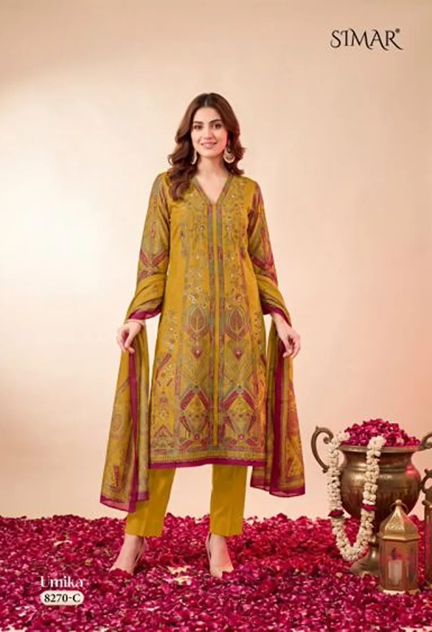 Glossy Simar Umika Viscose Twill Organza Digital Print Handwork Salwar Kameez Wholesale