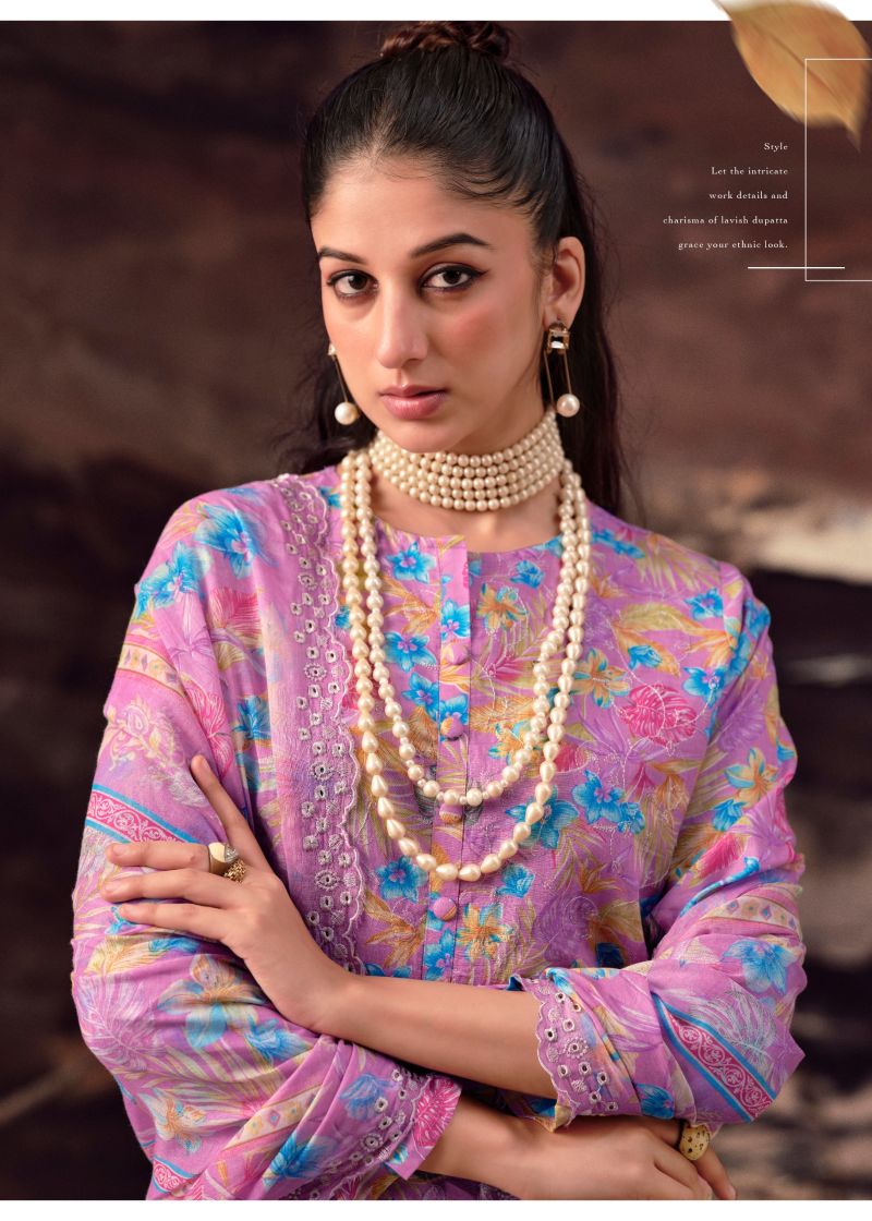Hermitage Petals In Mal Lawn Cotton Print Embroidered Dress Material
