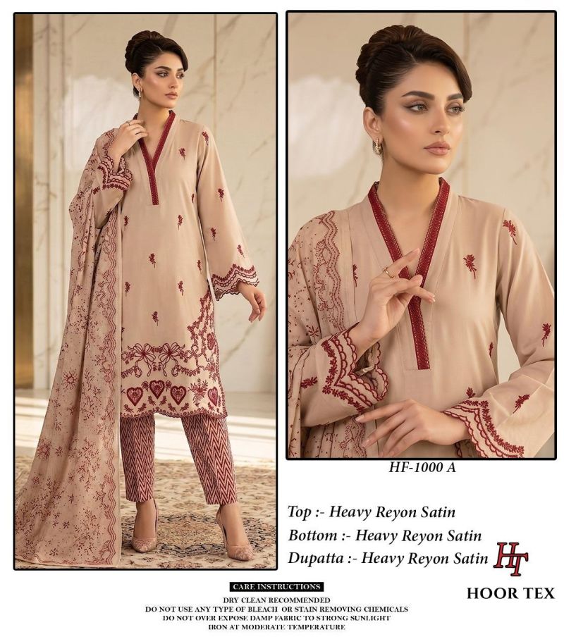 Hoor Tex 1000 A To D Rayon Satin Embroidered Salwar Kameez Catalog — Wholesale Pakistani Suits, Vardan Ethnic wholesale from Surat — Photo 2