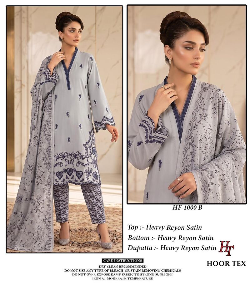 Hoor Tex 1000 A To D Rayon Satin Embroidered Salwar Kameez Catalog — Wholesale Pakistani Suits, Vardan Ethnic wholesale from Surat — Photo 3