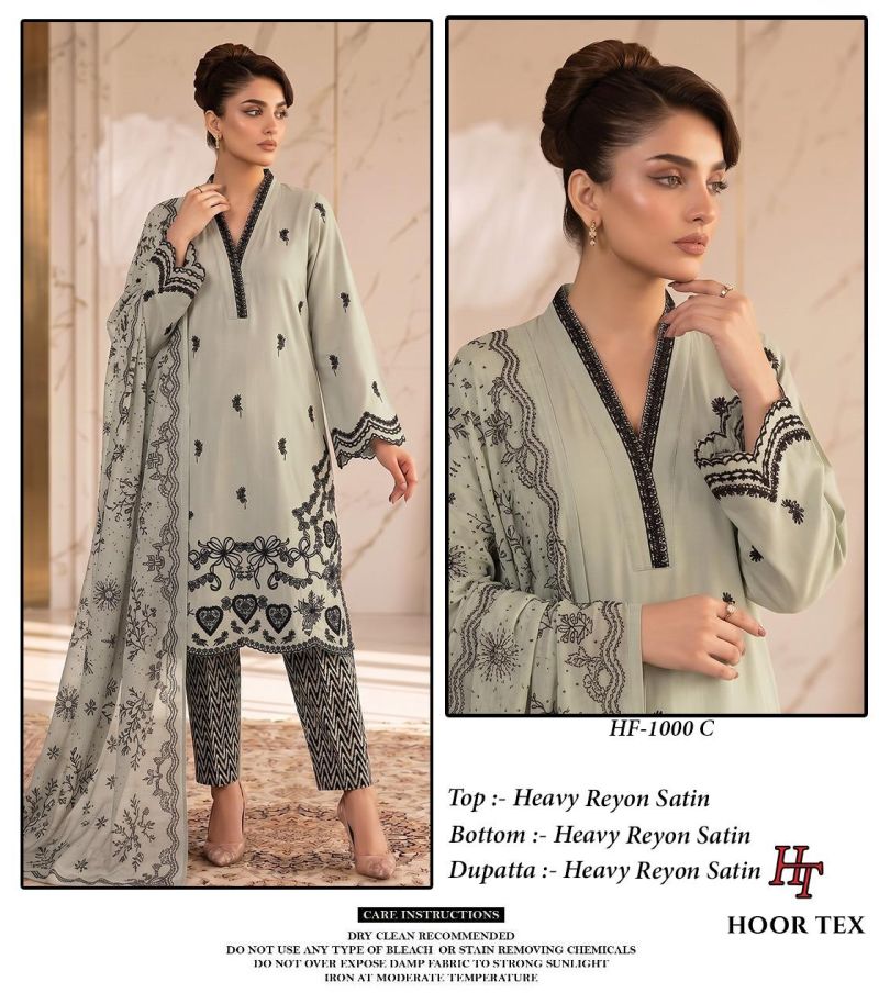 Hoor Tex 1000 A To D Rayon Satin Embroidered Salwar Kameez Catalog — Wholesale Pakistani Suits, Vardan Ethnic wholesale from Surat — Photo 4