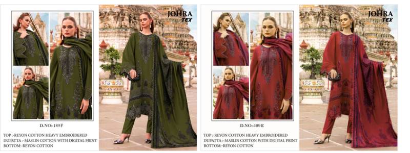 Johra Tex 189 E And F Rayon Cotton Embroidered Salwar Kameez Collection — Wholesale Salwar Suits, Johra wholesale from Surat — Photo 2