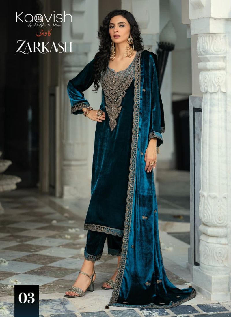 Kaavish Zarkash Velvet Coding and Beads Work Designer Salwar Kameez