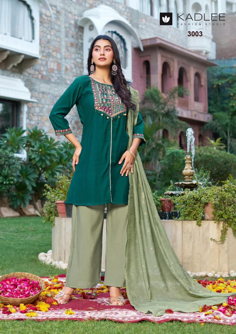 Kadlee Tarnika Roman Silk Hand & Thread Work Kurti with Bottom and Dupatta Wholesale Collection