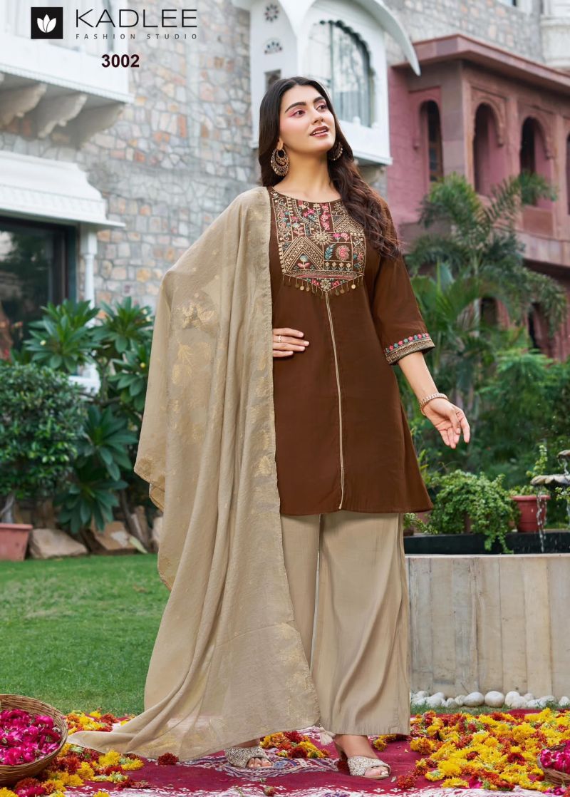 Kadlee Tarnika Roman Silk Hand & Thread Work Kurti with Bottom and Dupatta Wholesale Collection — Wholesale Kurtis, Kadlee Fashion Studio wholesale from Surat — Photo 4