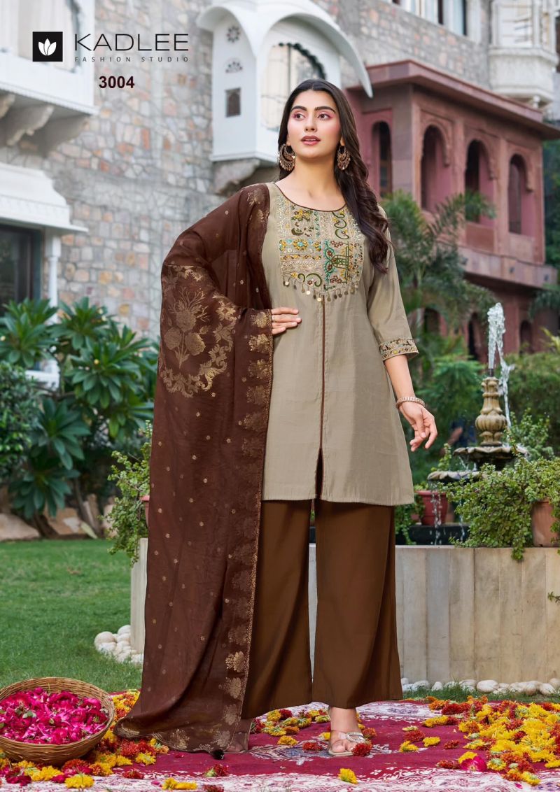 Kadlee Tarnika Roman Silk Hand & Thread Work Kurti with Bottom and Dupatta Wholesale Collection — Wholesale Kurtis, Kadlee Fashion Studio wholesale from Surat — Photo 3